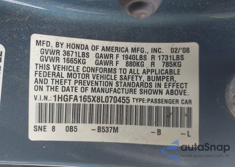 2008 Honda Civic Lx z USA, uszkodzony, nr VIN 1HGFA165X8L070455